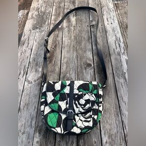 Vera Bradley Quilted Imperial Rose Saddle Bag - Black White & Green Floral